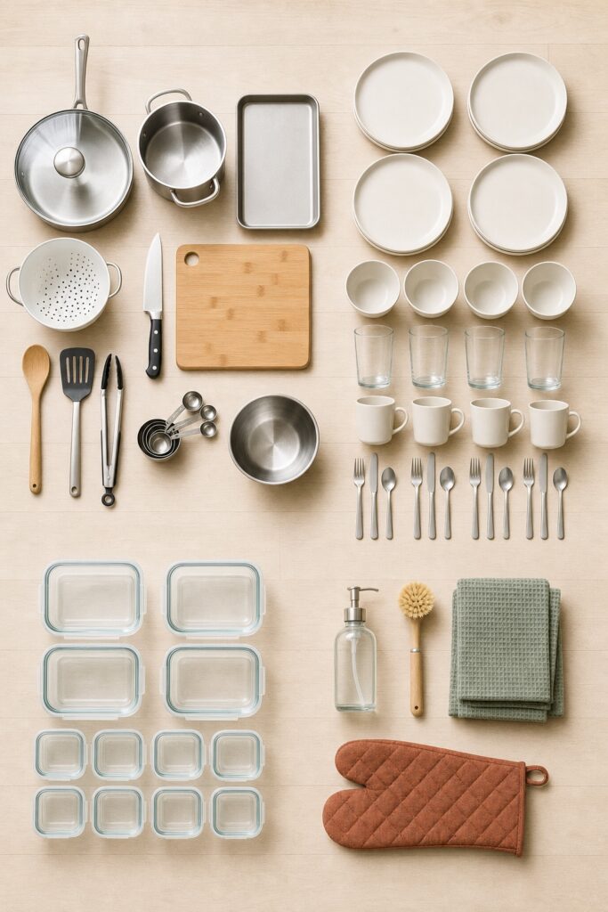 Overhead flat-lay of the complete apartment kitchen kit arranged in four groups for cooking, eating, storage and cleanup