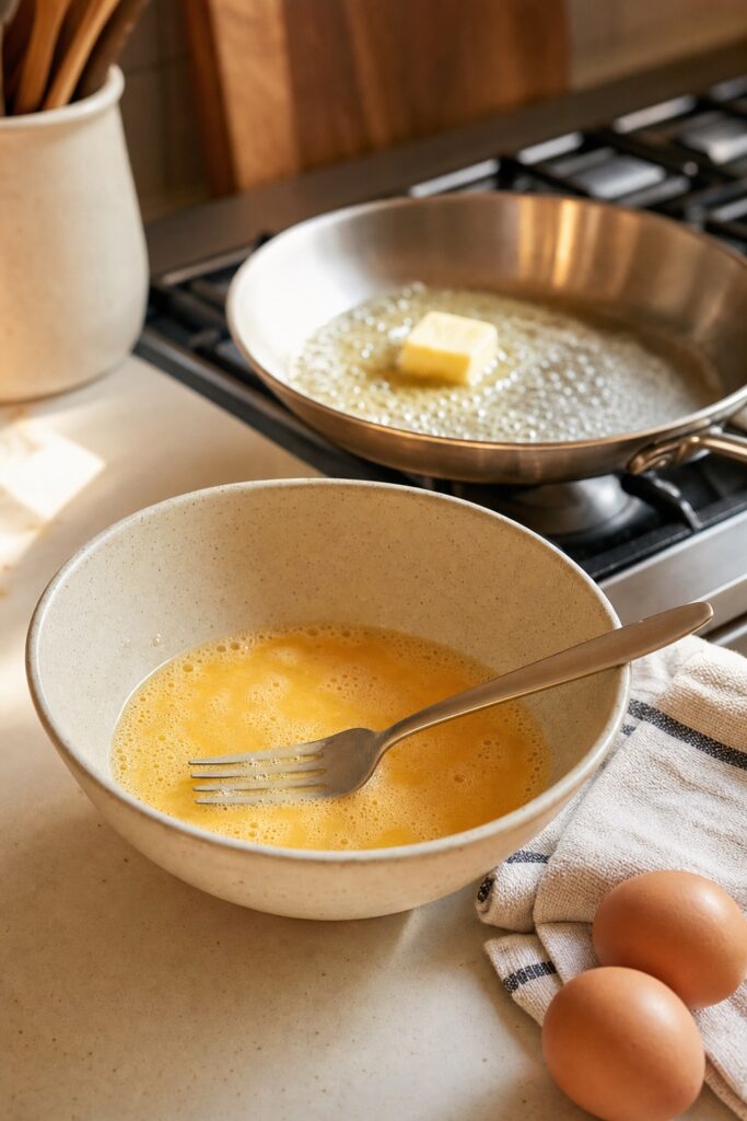 Fork resting in a bowl of whisked eggs beside a warming pan showing the make-do moment before a whisk earns its purchase