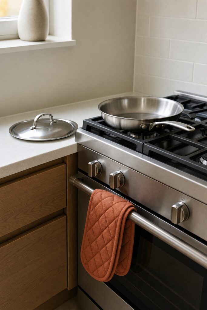 Skillet on the range with its fitted lid resting within arm's reach and a quilted oven mitt hanging at the oven handle