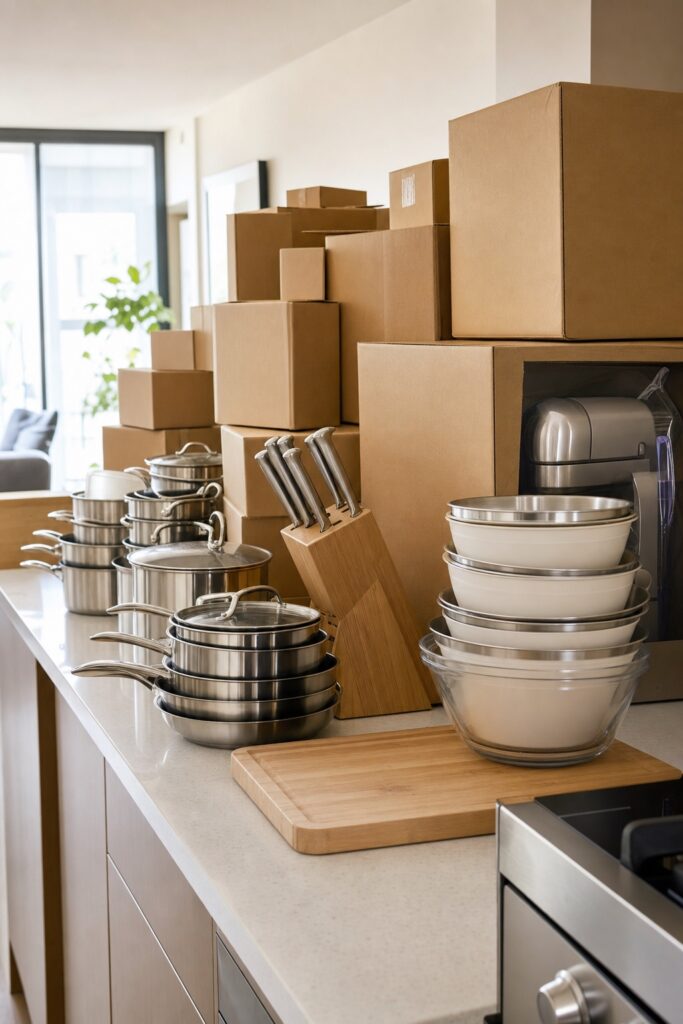 Apartment kitchen counter crowded with boxed kitchen gadgets and duplicate pots while only a small corner of workspace remains clear