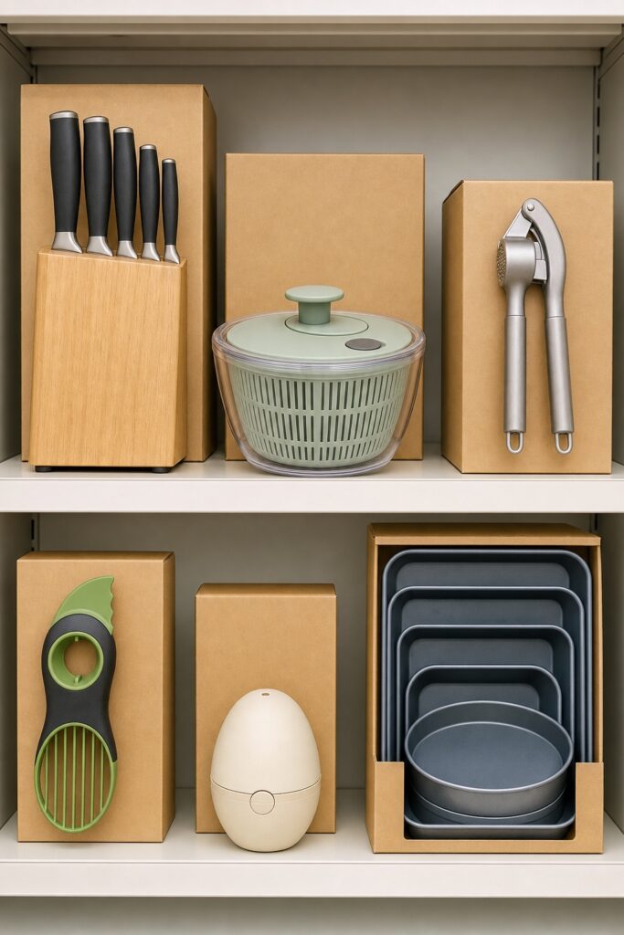 Store shelf lined with single-purpose kitchen gadgets in plain unprinted packaging representing the tempting trap aisle
