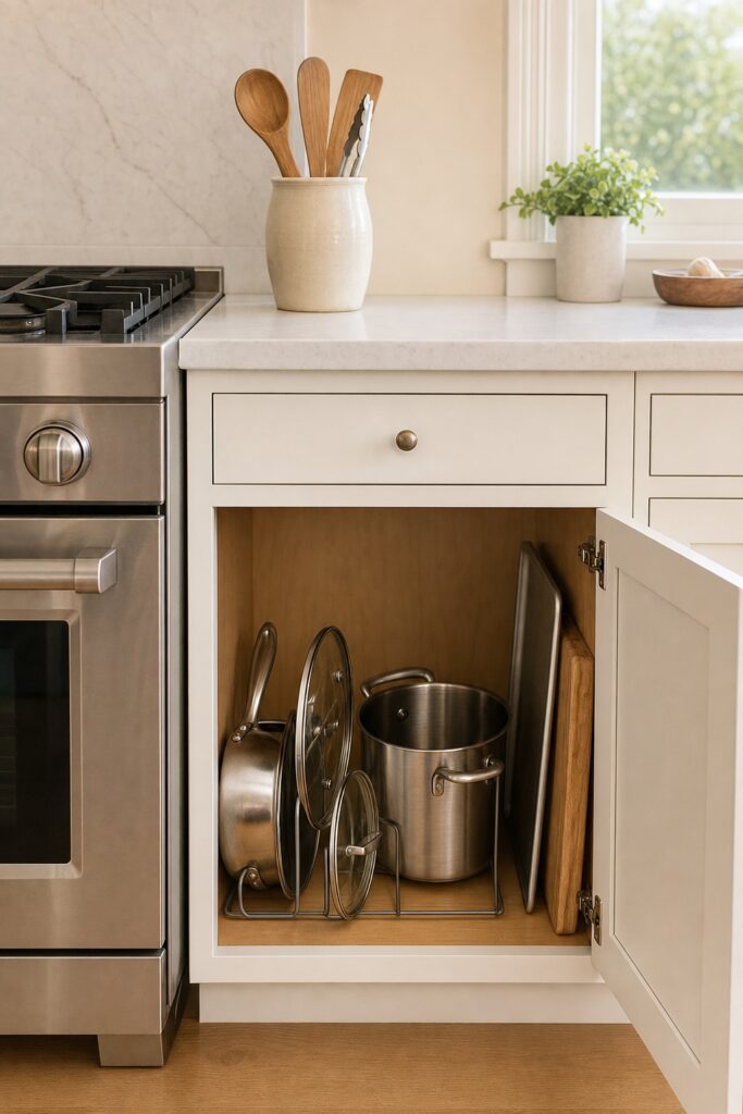 Open apartment kitchen cabinet beside the range holding pots and lids with cooking tools in a crock and a sheet pan stored on edge