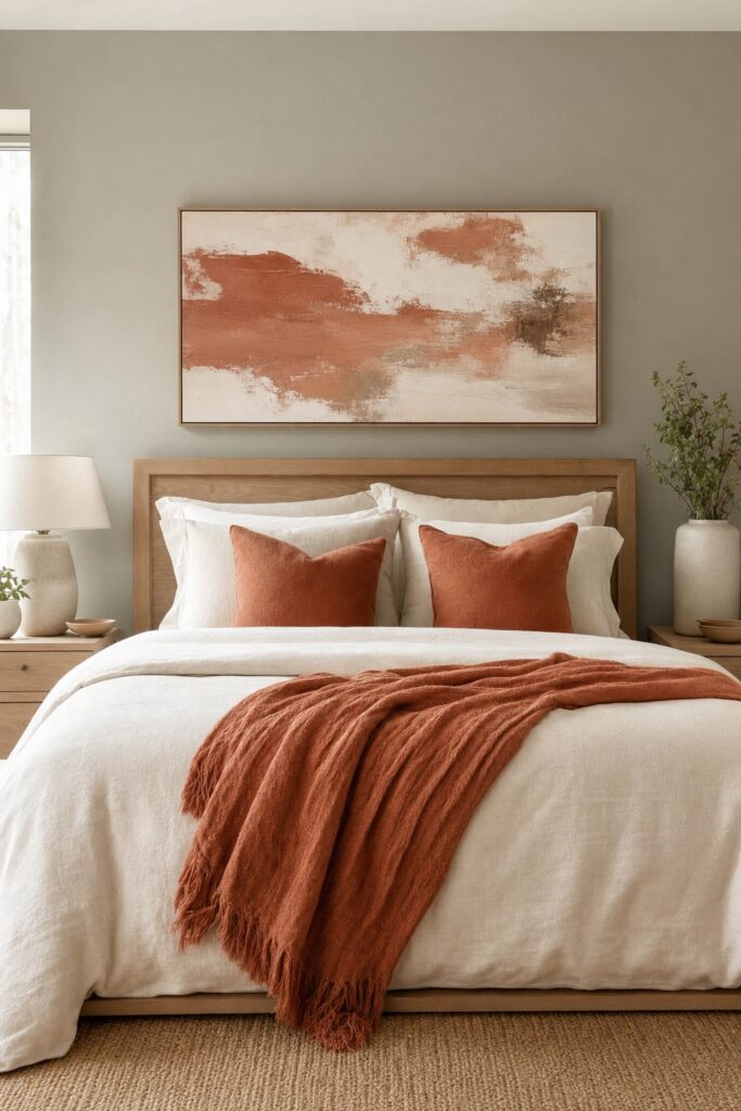 Artwork above a bed repeating the terracotta of the accent pillows and throw while the wall stays a neutral greige