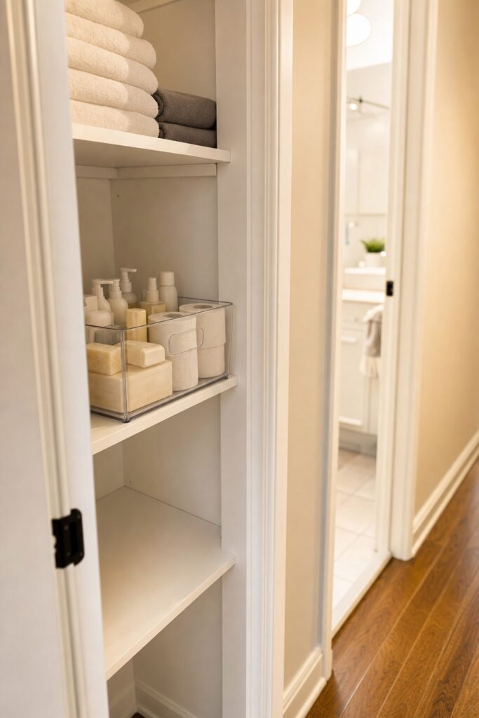 Hallway closet shelf outside a bathroom door holding a single bin of spare toiletries as a backstock satellite