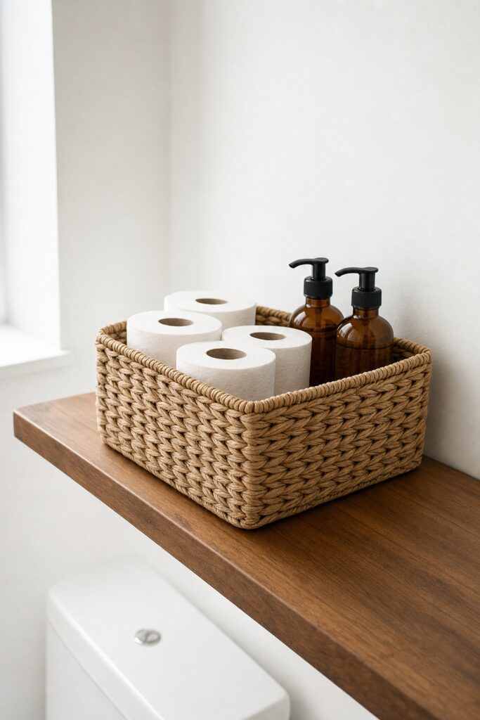 Wire basket on a bathroom shelf holding backup toilet paper rolls and plain pump bottles