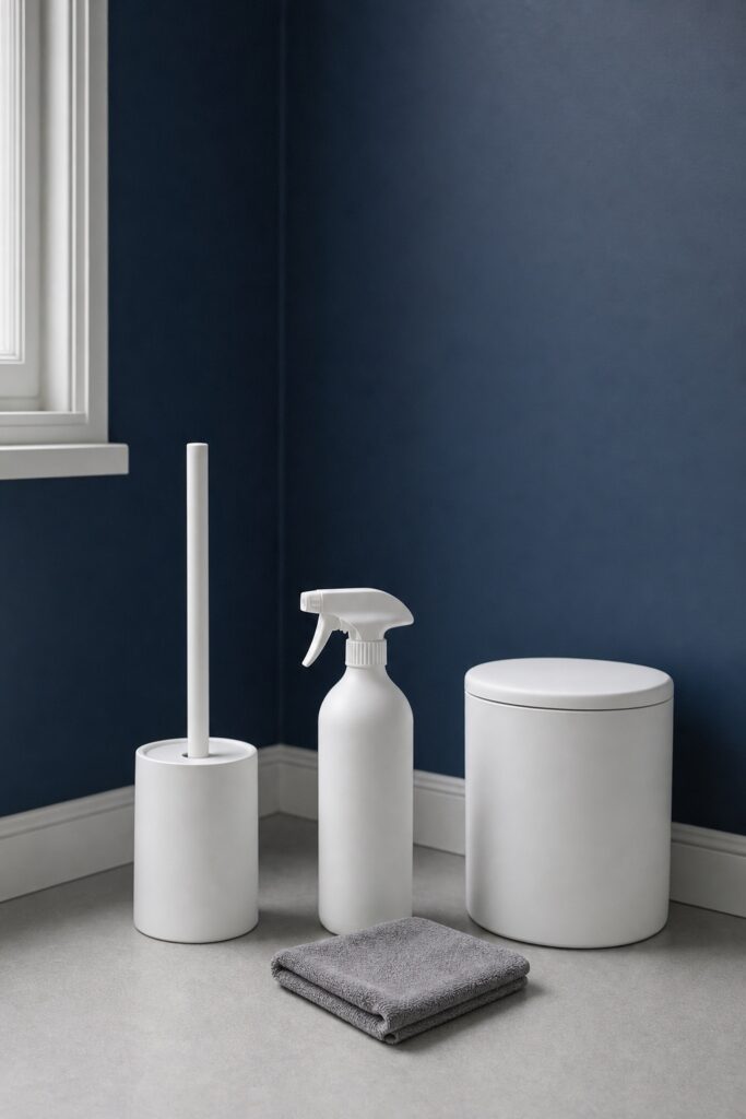 Toilet brush in a holder, one plain spray bottle, a folded microfiber cloth, and a small lidded trash can grouped in a bathroom
