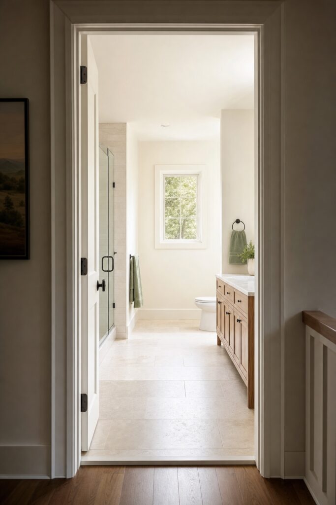 View through a bathroom doorway with a clear sightline running to the far wall of a small bathroom