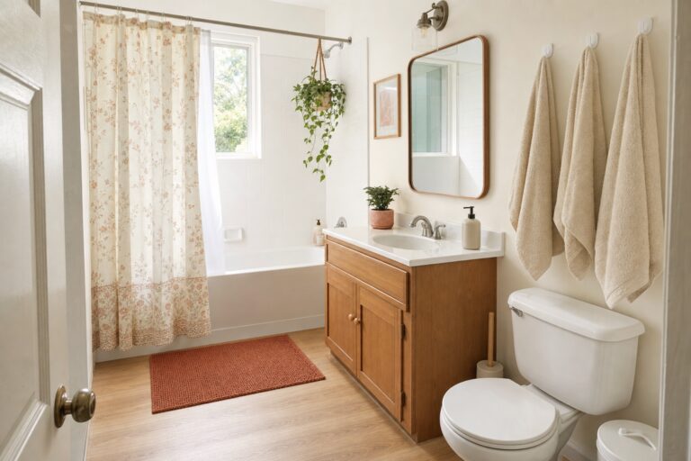 First apartment bathroom set up with shower curtain, towels on adhesive hooks, bath mat at the tub, and a small trash can