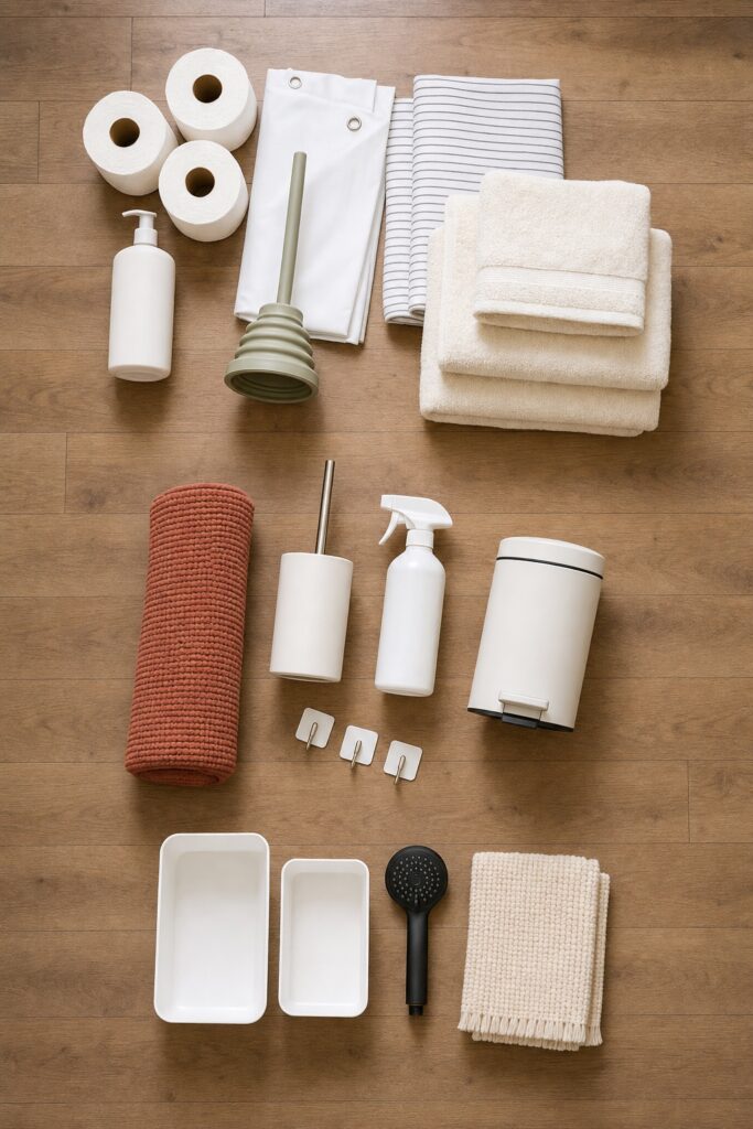 Flat lay of first apartment bathroom essentials arranged in three separate groups on a wood floor