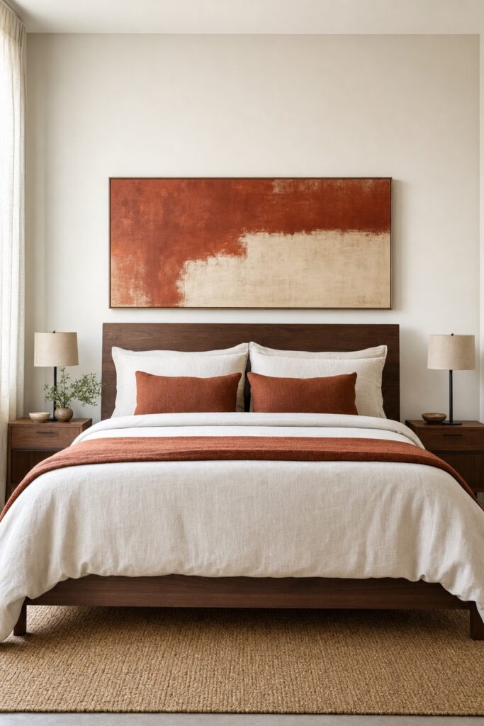 Bed wall anchored by one horizontal statement artwork sized to two thirds of the bed and hung close above the headboard