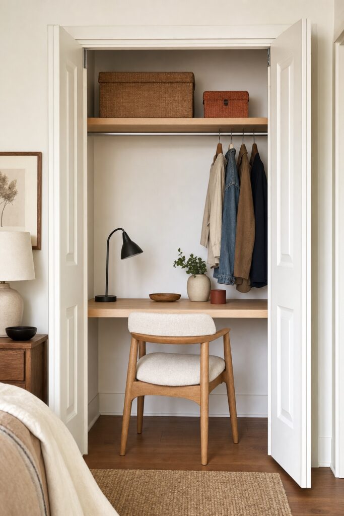 Reach-in bedroom closet converted to a small office with a desk surface, a shelf above and a short row of clothes remaining at one end