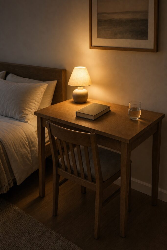 Small desk beside a bed at night restaged as a nightstand with a warm lamp, a book and a glass of water and no work objects visible