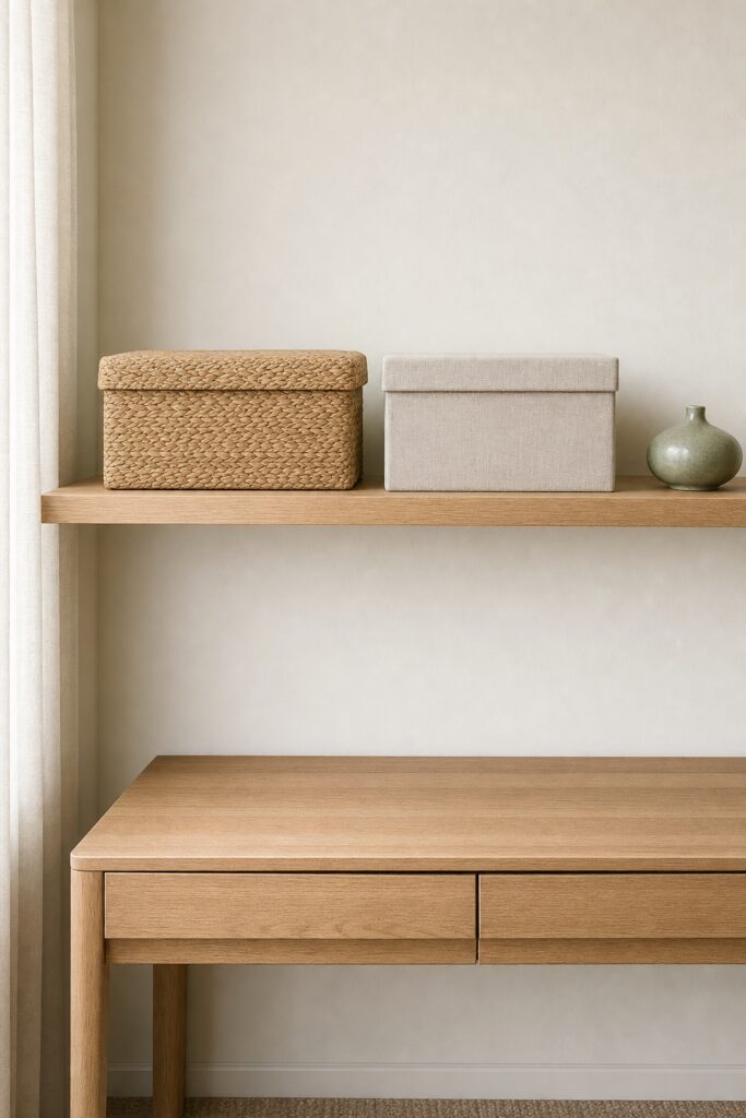 Shelf above a bedroom desk holding two closed lidded storage boxes over a completely blank desk surface with shut drawers