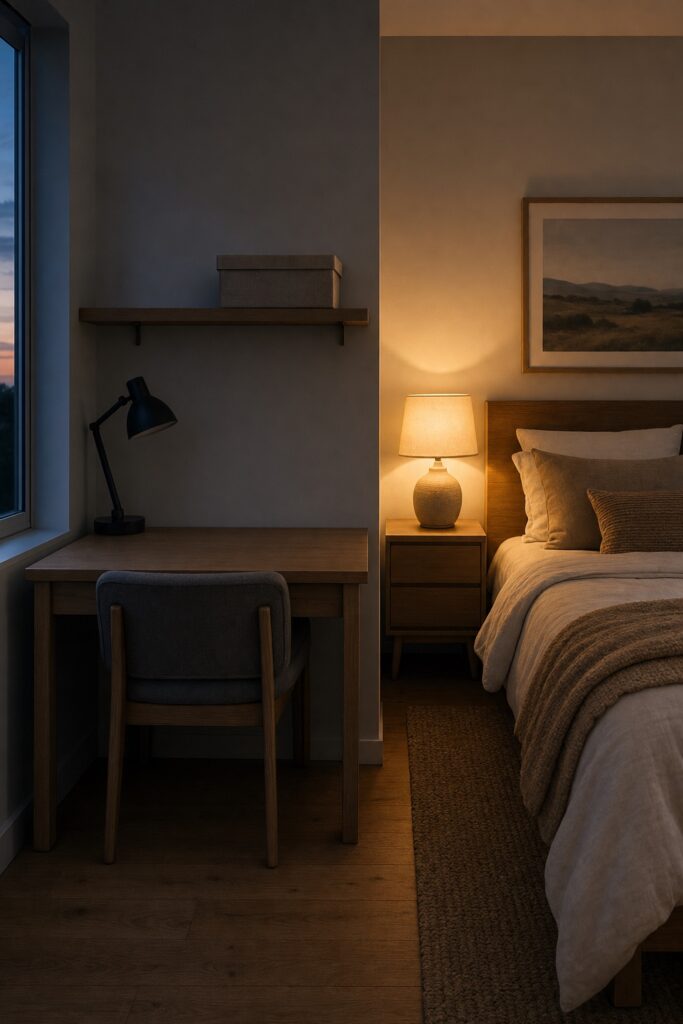 Bedroom desk after the evening shutdown with a bare surface, chair pushed in, a closed lidded box holding the laptop and a warm lamp glowing across the room