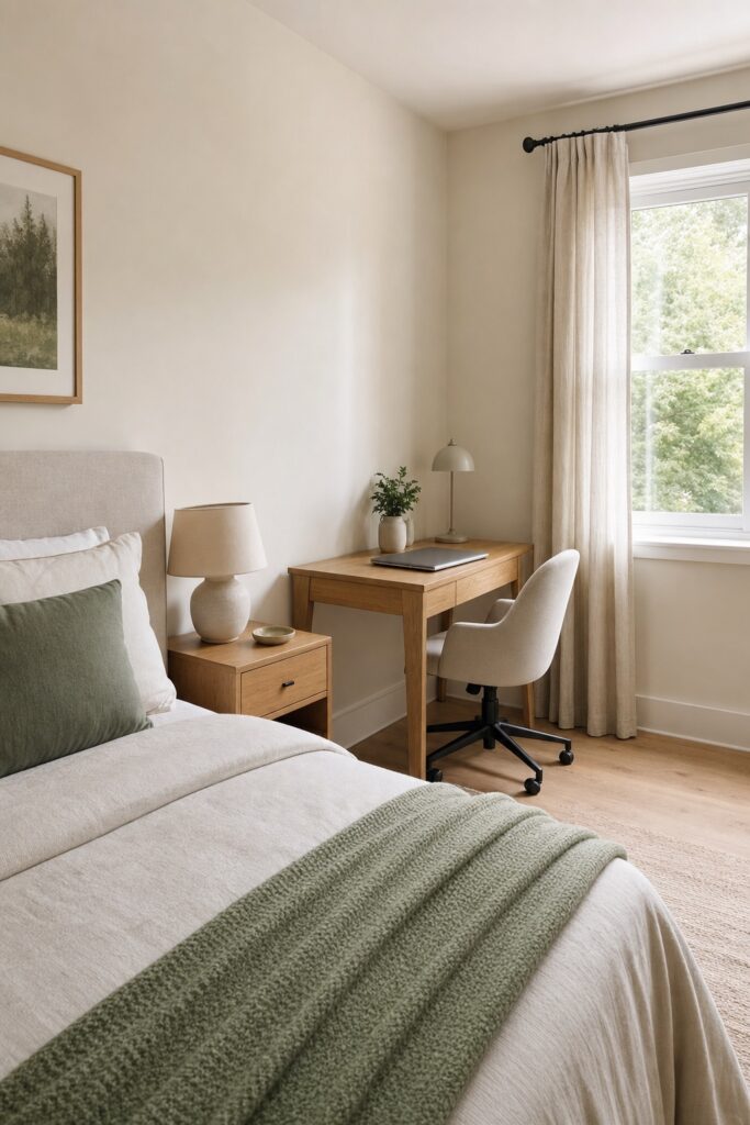 Compact desk and chair against the headboard wall beside a bed, positioned behind the sleeper's line of sight