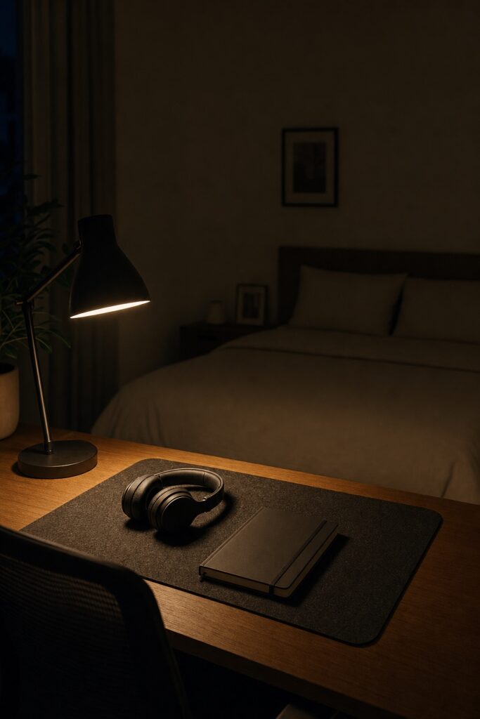 Night scene of a bedroom desk where a directional task lamp keeps its light pool on the desk while the bed beyond stays in darkness, headphones resting on a felt desk pad