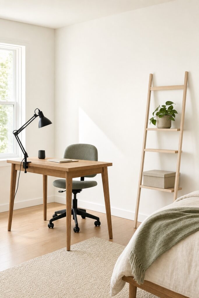 Rental bedroom corner with a freestanding desk, clamp-on task lamp and leaning ladder shelf against bare walls with nothing drilled or mounted