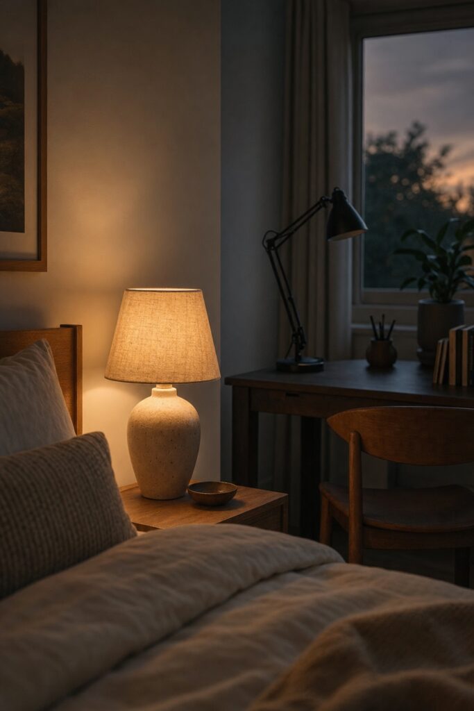 Twilight bedroom where the warm bedside lamp is lit while the desk task lamp across the room stands switched off in shadow