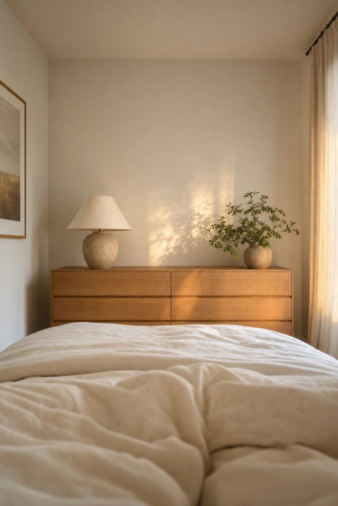 Calm view from the head of a bed toward the foot of the bed and a serene wall with soft evening light and no work objects in sight