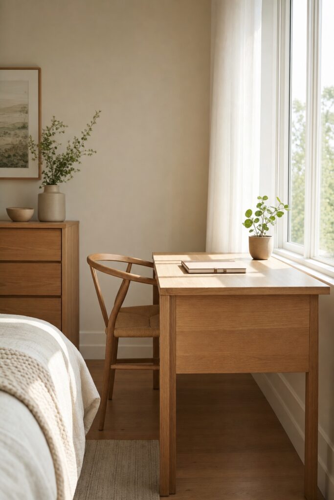 Desk placed perpendicular to a bright bedroom window so daylight falls across the work surface from the side