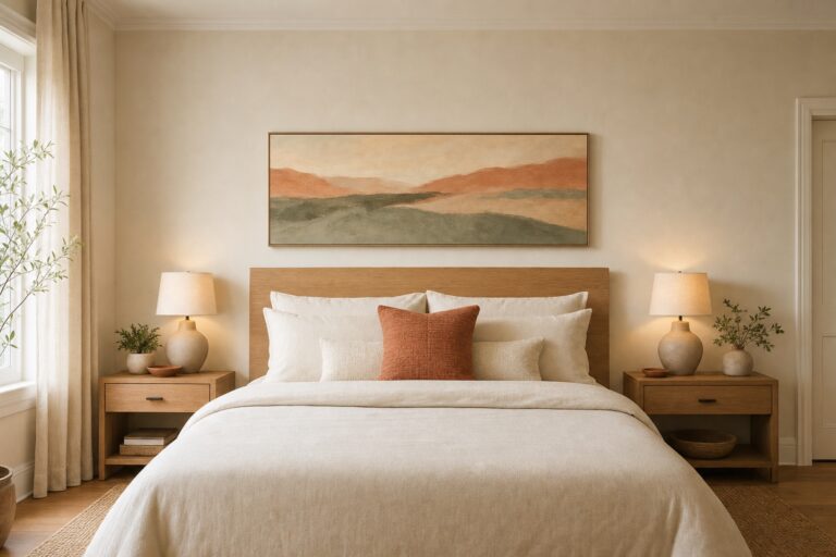 Bedroom with a long horizontal artwork hung a hand above the headboard at about two thirds of the bed's width
