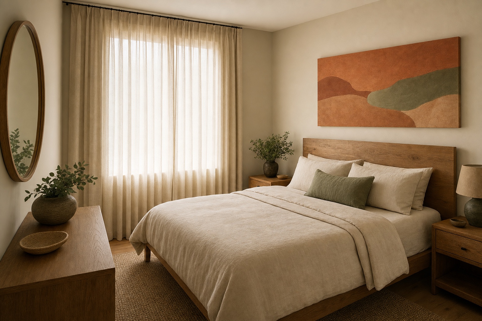 Bedroom with a statement artwork above the bed, calm facing wall, ceiling-height curtains, and a mirror over the dresser