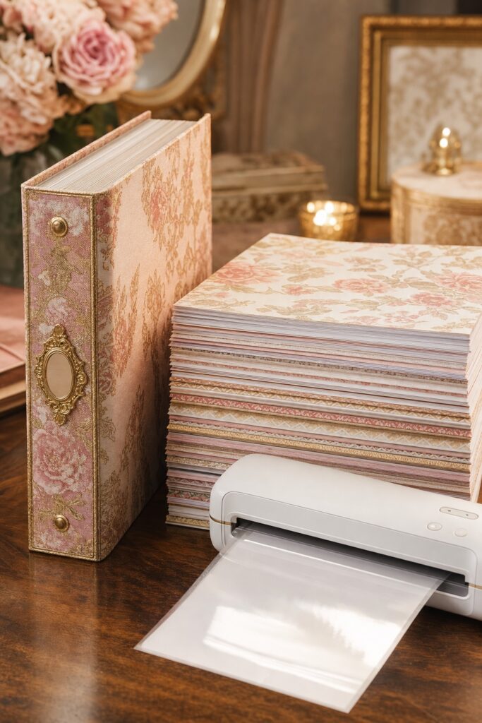 Thick ornate binder, tall stack of decorative printed pages, and a laminator styled beautifully as the supplies to skip