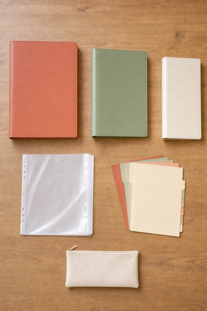 Flat lay of binder supplies: three binders, a stack of sheet protectors, tab dividers, and one zipper pouch