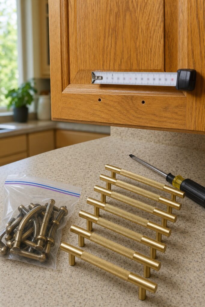New brass cabinet pulls lined up on a counter with a tape measure across the old screw holes and original hardware in a clear bag
