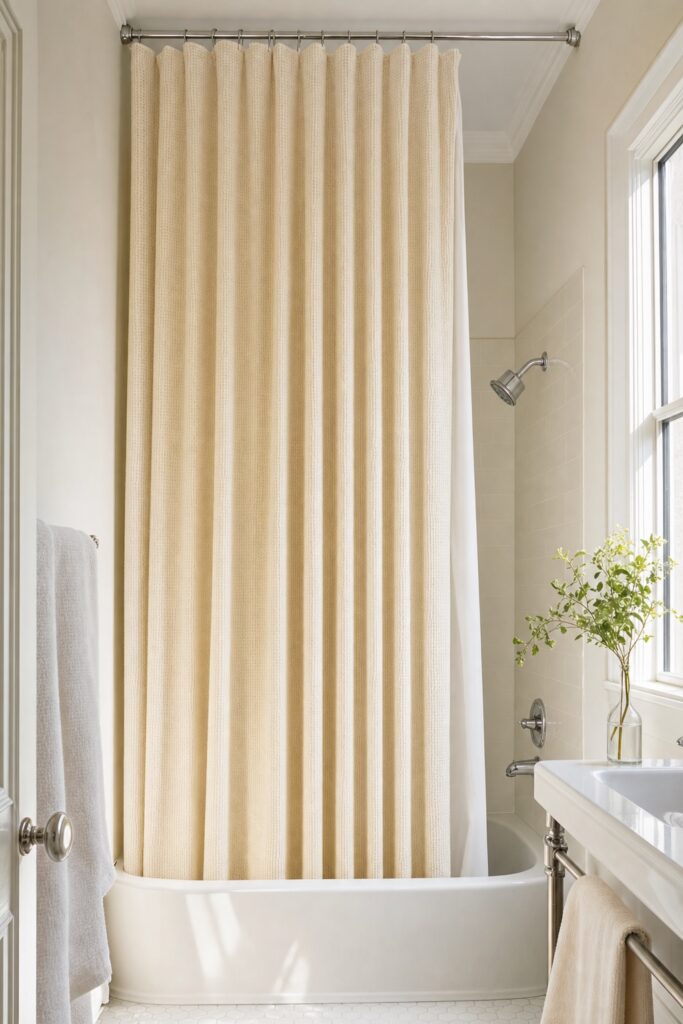 Shower curtain hung from a ceiling-height rod falling the full height of a small bathroom into the tub