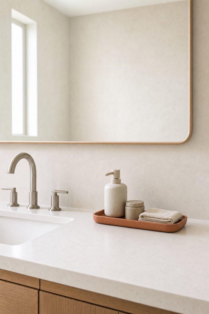 Bathroom vanity counter kept bare except for one small tray holding three daily items beside the faucet