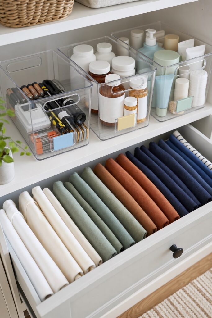 Clear storage bins with varied household contents on a shelf above an open drawer of file folded shirts standing edge up