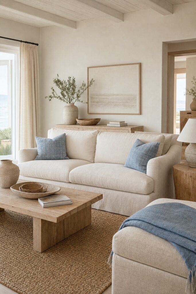 Neutral sand and white living room where two washed-blue pillows and a folded blue throw carry the room's only doses of strong color