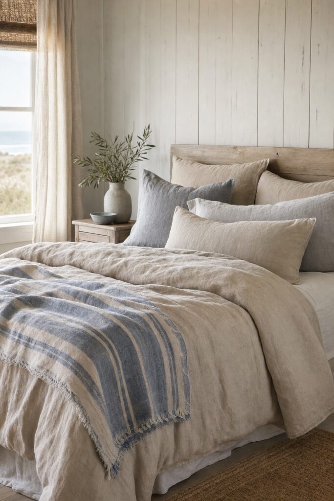 Bed layered in sun-washed tones of sand, bone and fog gray with one faded blue striped blanket folded at the foot