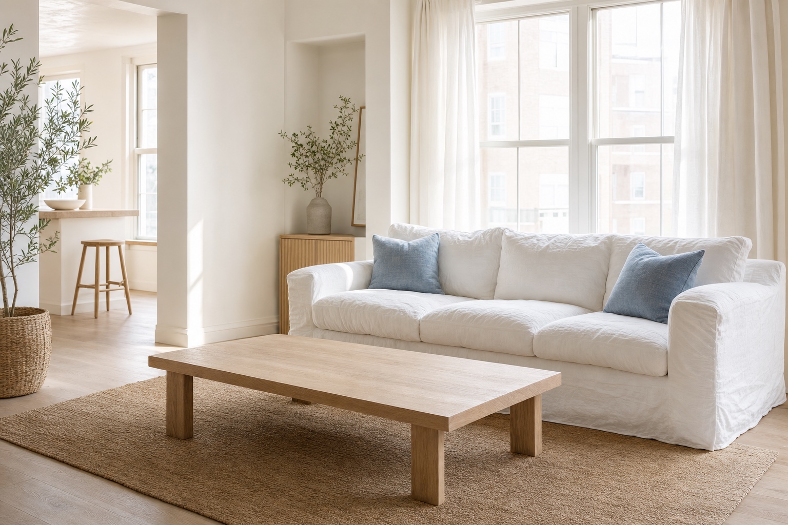 Bright coastal living room with a white slipcovered sofa, sand-tone jute rug, pale oak coffee table, sheer curtains and two washed-blue pillows