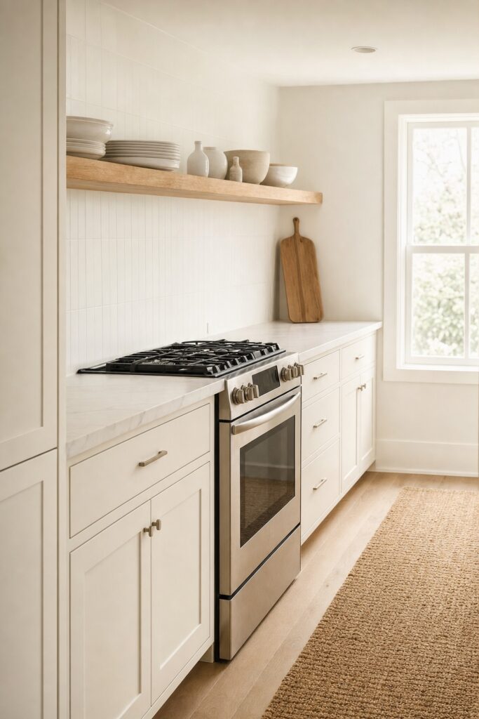 Small coastal kitchen with a jute runner, open wooden shelf holding plain white dishes and a leaned cutting board