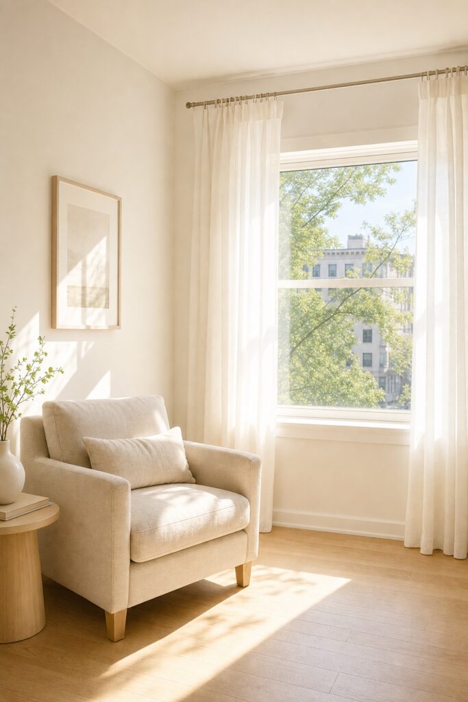 Sun-flooded apartment corner with warm white walls, a pale linen armchair and sheer white curtains stacked beside the window