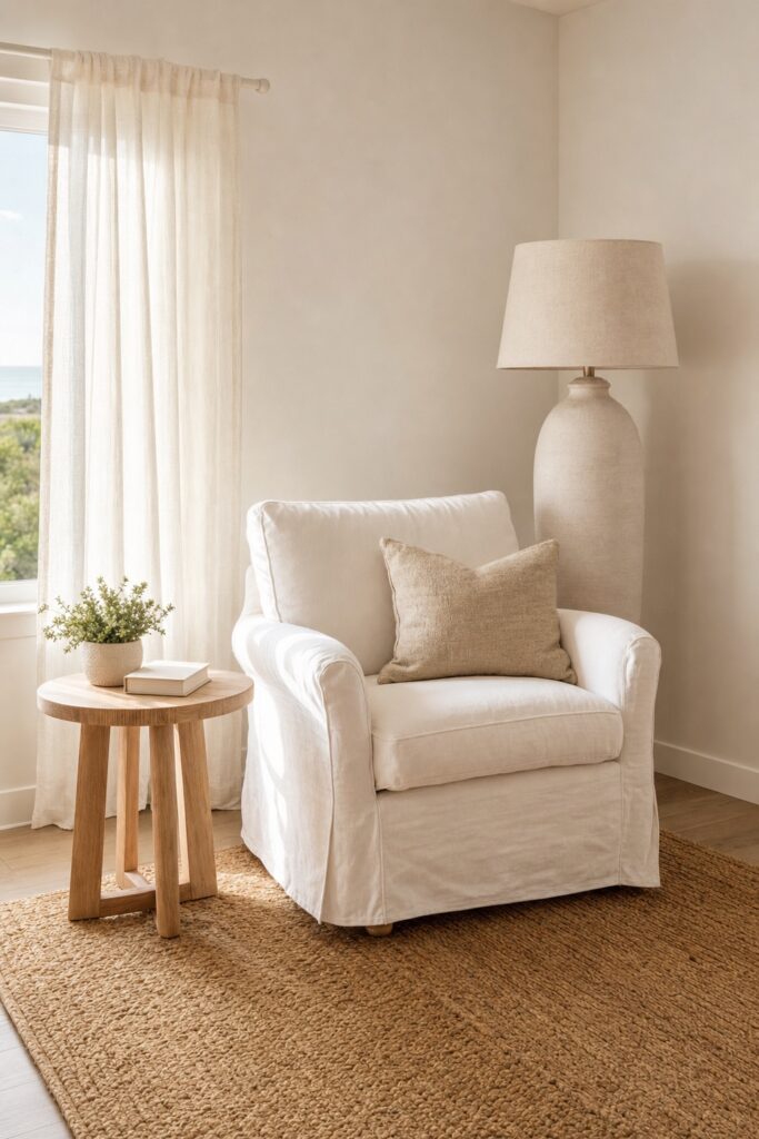 Rental apartment corner where a floor lamp, jute rug, sheer curtains and slipcovered chair build the coastal look from pieces that move out with you