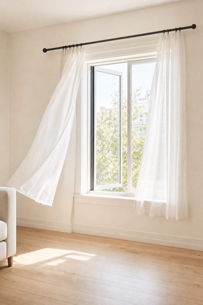 White sheer curtain billowing gently at an open apartment window with clear pale floor space beneath it