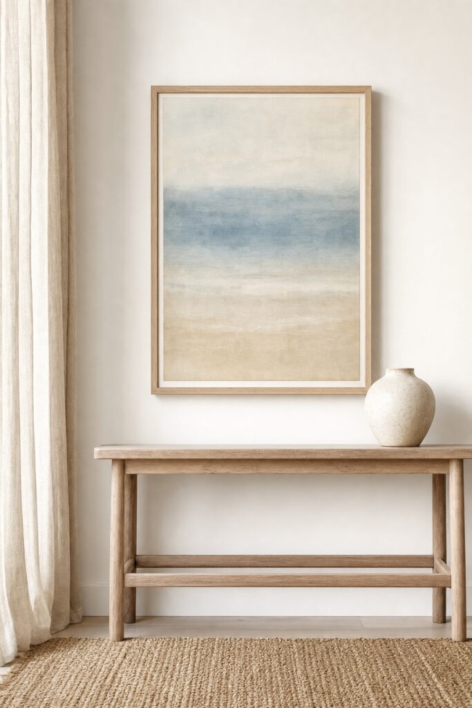 Coastal room detail with washed linen curtain, jute rug and a framed abstract print of hazy horizontal blue bands