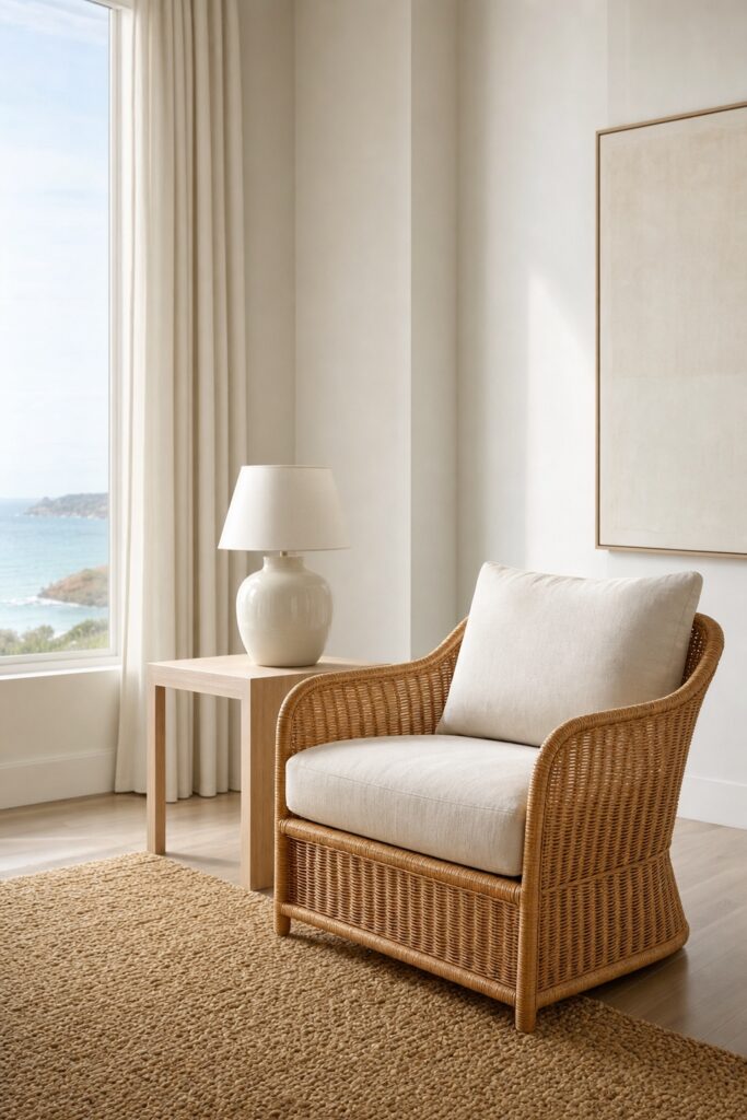 Coastal living room corner where a jute rug and a single rattan chair are the only woven textures against smooth pale surfaces