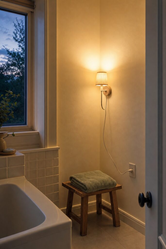 Small plug-in light washing a pale bathroom corner with warm light so the corner reads open instead of shadowed