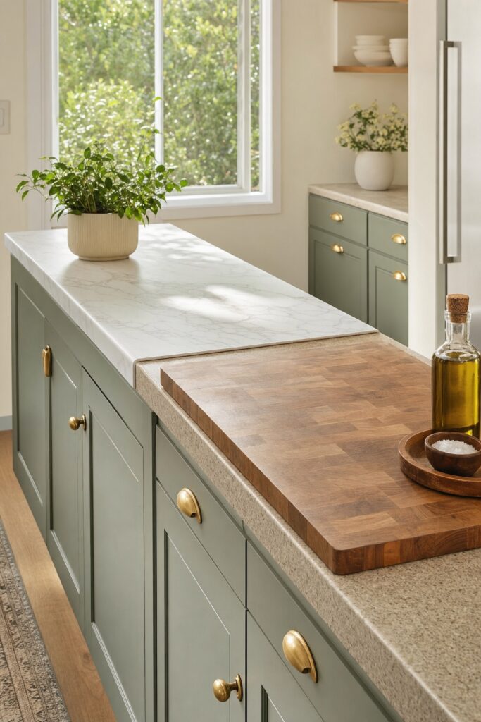 Marble look film on the display end of a rental kitchen counter while an oversized cutting board and oil tray cover the work zone