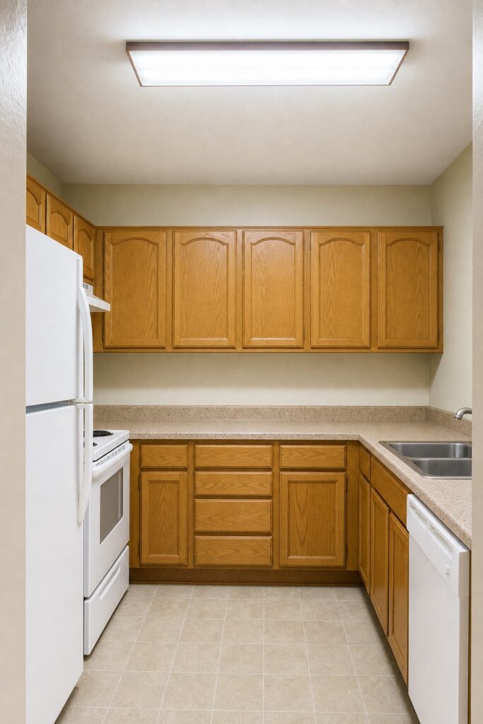 Dated rental kitchen before makeover with golden oak cabinets, speckled laminate counters, and a single fluorescent ceiling light