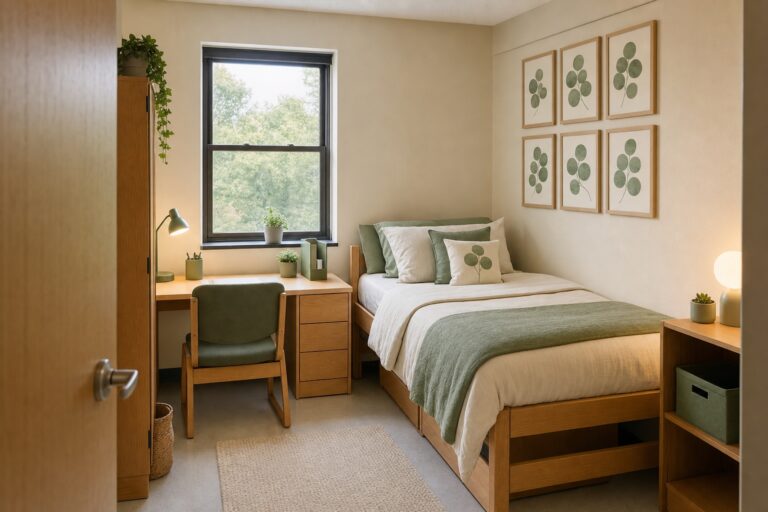 Dorm room with sage and cream bedding, a matching grid of prints above the bed and a styled desk in the same palette