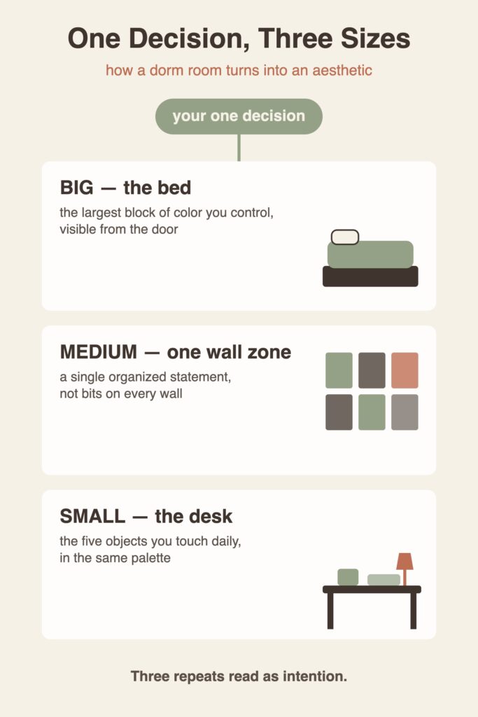 Diagram showing one color decision repeated at three sizes in a dorm room: the bed, one wall zone, and the desk