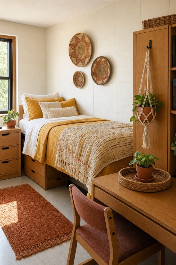Boho dorm room with a mustard kantha-style throw, trio of woven wall baskets above the bed and a rattan desk tray with a macrame plant hanger on the closet rod