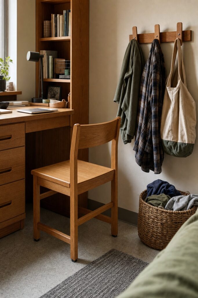 Clear dorm desk chair beside a wall of three hooks holding worn-again clothes and an open basket that replaced the pile