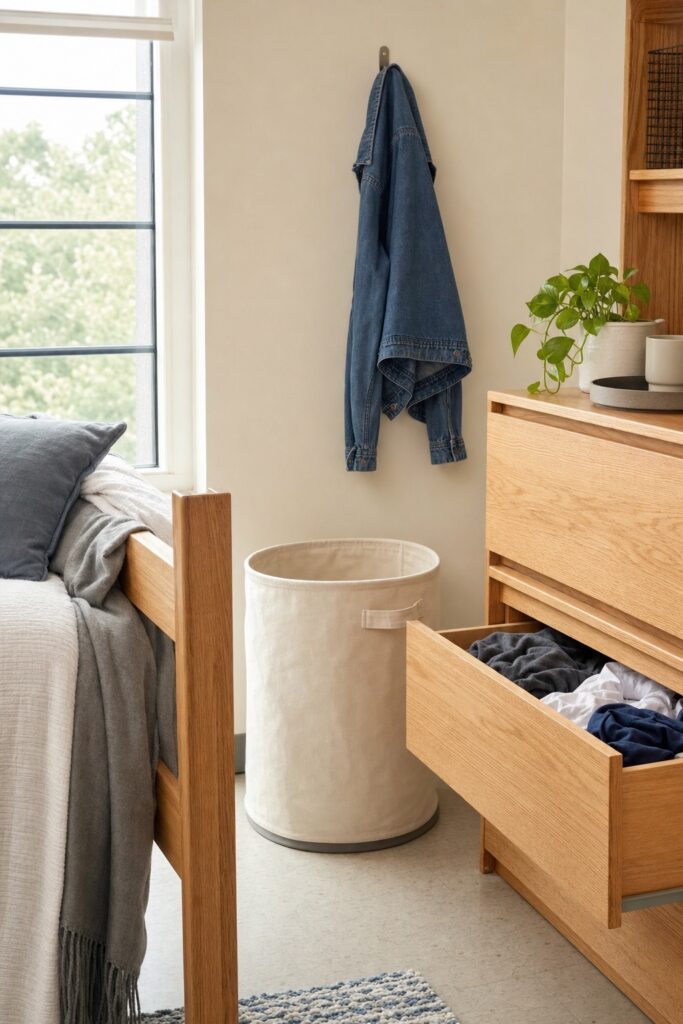 Open-topped laundry hamper beside a dorm bed with a jacket on a hook and an open drawer holding one type of clothing tossed in