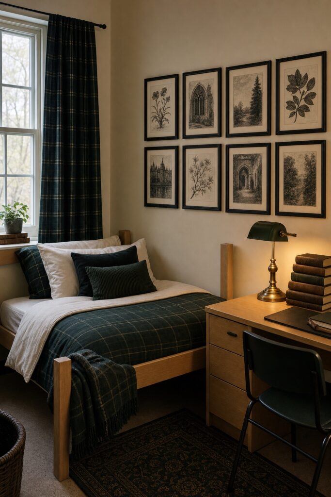 Dorm room in dark academia style with a deep green plaid duvet, grid of vintage botanical prints in dark frames and a stack of hardcover books on the desk